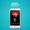 Mobile application for heart health. Mobile healthcare of heart. Phone pulse on device