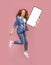 Mobile application mockup. Excited redhead woman jumping with cellphone, recommending new application on pink background