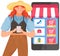 Mobile application for online shopping on smartphone screen. Woman buys goods via internet