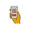 Mobile application, QR code scanning in smartphone color line icon. City transport rental. Pictogram for web, mobile app, promo.