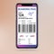 Mobile boarding pass. E-ticket for flight. Passenger card in smartphone. Departure and arrival data. Airline app. Avia route