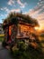 Mobile bookstore decorated with flowers at sunset