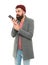 Mobile call concept. Important conversation. Man bearded hipster hold mobile phone white background. Difficulties mobile