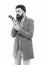 Mobile call concept. Important conversation. Man bearded hipster hold mobile phone white background. Difficulties mobile