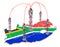 Mobile communications in South Africa, cell towers on the map. 3D rendering
