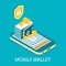 Mobile cryptocurrency wallet, vector isometric illustration. Digital money storage. Online bitcoin crypto coin wallet.
