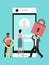 Mobile data protection. Phone security, privacy access with password vector illustration. Woman and men are protecting