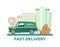 Mobile delivery city transportation vector illustration concept. Online deliver car sharing with packaging boxes to