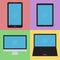 Mobile device vector icon in flat style. Devices mockup on colorful backgrounds. Smartphone, tablet, computer and laptop