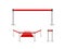 Mobile fence barrier with red belt and velvet carpet stand isolated on white.