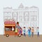 Mobile food Van, Coffe Food Truck vector, barista salesman, characters, men and women stand in line for coffee, and