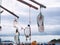 Mobile garbage from the sea hanging on summer beach