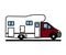 Mobile home on a white background. House on wheels. Cartoon. Vector
