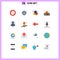 Mobile Interface Flat Color Set of 16 Pictograms of broadcasting, satellite, colors, protection, firewall