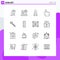 Mobile Interface Outline Set of 16 Pictograms of hand, travel, develop, startup, spaceship