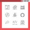 Mobile Interface Outline Set of 9 Pictograms of audio, rocket, education, launch, globe