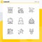 Mobile Interface Outline Set of 9 Pictograms of lock, party, pool, celebration, birthday