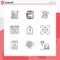 Mobile Interface Outline Set of 9 Pictograms of media, web, clip board, page, unsecured
