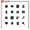 Mobile Interface Solid Glyph Set of 16 Pictograms of food, bottle, low, hat, carnival