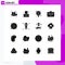 Mobile Interface Solid Glyph Set of 16 Pictograms of luggage, health, stopwatch, camping, pack