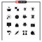 Mobile Interface Solid Glyph Set of 16 Pictograms of process, develop, funnel, coding, light bulb