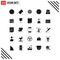 Mobile Interface Solid Glyph Set of 25 Pictograms of celebration, target, gear, soldier, badge