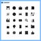 Mobile Interface Solid Glyph Set of 25 Pictograms of reports, money, suitcase, finance, care