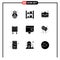 Mobile Interface Solid Glyph Set of 9 Pictograms of bloon, money, briefcase, complete, billboard