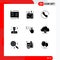 Mobile Interface Solid Glyph Set of 9 Pictograms of lefts, fingers, packaging, waiter, assistant