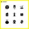 Mobile Interface Solid Glyph Set of 9 Pictograms of navigation, lighthouse, holi, identification card, card