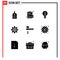 Mobile Interface Solid Glyph Set of 9 Pictograms of services, gear, folder, wheel, bulb