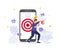 Mobile marketing concept with business man standing with loudspeaker and goals target smartphone icon with modern flat style