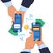 Mobile money transfer. Cartoon hands holding smartphones and sending wireless payment. Vector online wallet mobile app