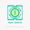 Mobile money transfer thin line icon: transaction between two smartphones. Modern vector illustration