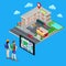 Mobile Navigation. Couple of Tourists Searching City Hotel. Isometric City. Vector