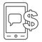 Mobile payment thin line icon. Smartphone with dollar, bill message symbol, outline style pictogram on white background