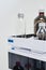 Mobile phase solvents on the HPLC system for separation of organic compounds in chemical or pharmaceutical laboratory.