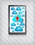 Mobile phone with blue clouds and red arrow