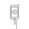 Mobile phone connected wire charger vector illustration, line outline art smartphone with checkmark or tick with success