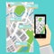 Mobile phone flat design and map application, hand holding conce