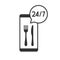Mobile phone with fork and knife. 24/7 food delivery icon inside speech bubble.