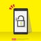 mobile phone with open unlock padlock icon. attention access warning alert mark on screen. shield safe secure of personal user aut