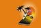 Mobile phone on orange background with palms and sun. Wakeboard, suitcases, hat, camera on it. Tourism and travelling