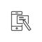 Mobile phone with pen writing cheque outline icon