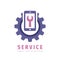 Mobile phone repair service logo design. Gear with wrench icon logo. SEO concept logo sign. Setup setting symbol.