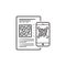 Mobile phone scanning QR code hand drawn outline doodle icon.