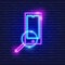 Mobile phone with search neon icon. Vector illustration for design website, advertising, promotion, banner. Technology concept