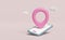 mobile phone, smartphone 3d with location pin, GPS navigator icon, cloud isolated on pink background. summer travel, delivery