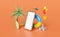 Mobile phone,smartphone with umbrella,balloon,starfish,cart,palm,shopping paper bags,lifebuoy,surfboard,sand castle  isolated on