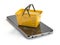 Mobile phone or smartphone with yellow shopping basket. Online s